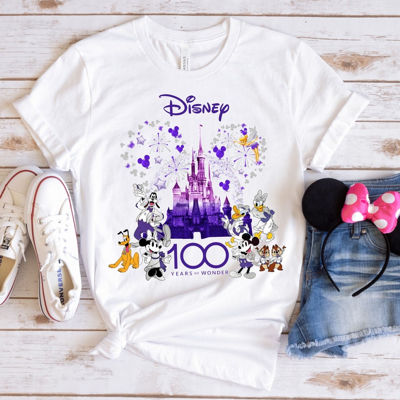 May include: White t-shirt with a purple and silver graphic of the Disney castle, fireworks, and various Disney characters. The text "Disney 100 Years of Wonder" is printed on the shirt.