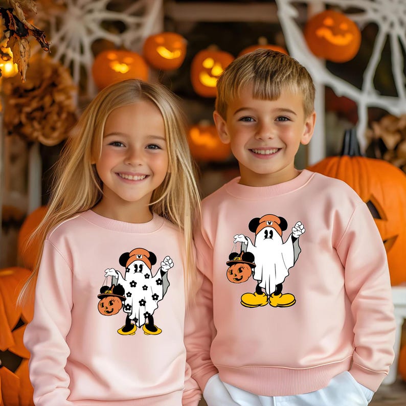 May include: Two children wearing matching light pink sweatshirts. Each sweatshirt features a cartoon ghost character with a Mickey Mouse-inspired hat and holding a pumpkin-shaped lantern. The background includes carved pumpkins and Halloween decorations.