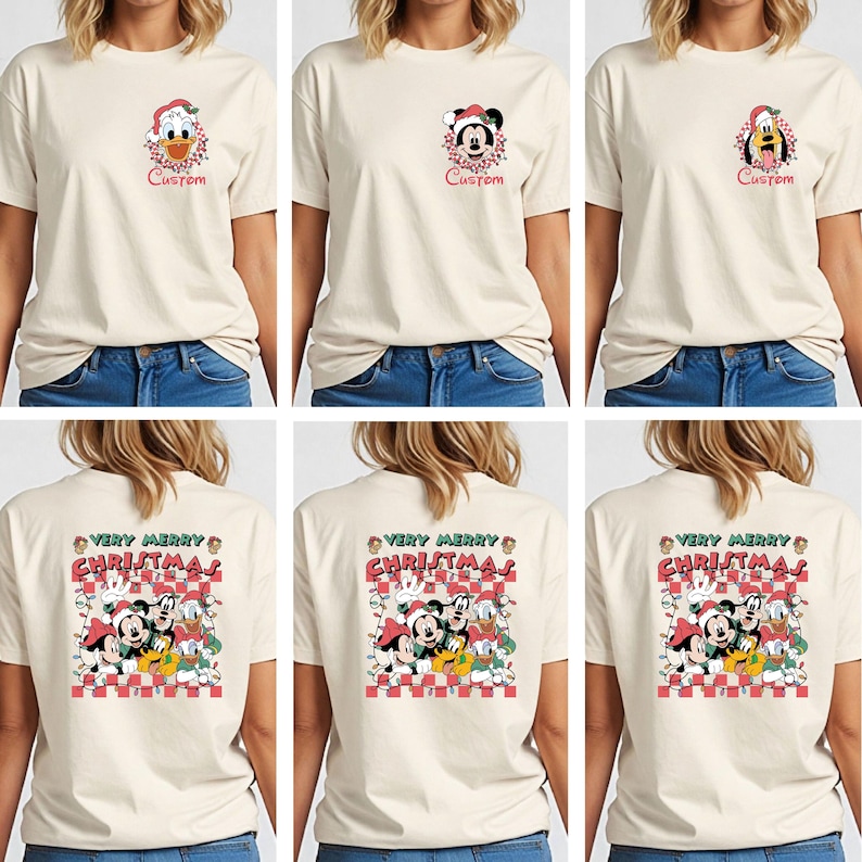 May include: Cream-colored t-shirts featuring Disney characters in Christmas attire. The front of the shirts display Donald Duck, Mickey Mouse, and Pluto. The back of the shirts have a larger graphic with multiple characters and the text "Very Merry Christmas."