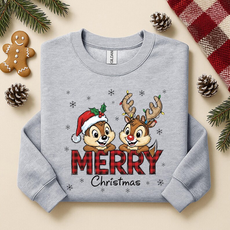 May include: A light grey sweatshirt with a festive design. Two cartoon chipmunks are depicted, one in a Santa hat and the other with reindeer antlers. The words "MERRY Christmas" are in red plaid. Snowflakes surround the text.