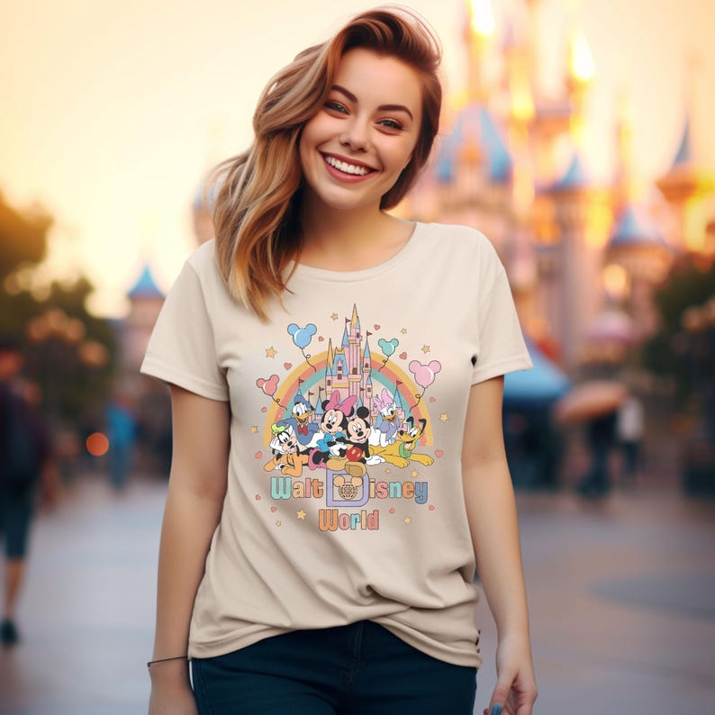 Puede incluir: Una camiseta beige con un gr&aacute;fico colorido de Mickey Mouse y sus amigos frente al Castillo de Cenicienta. El gr&aacute;fico tambi&eacute;n incluye un arco&iacute;ris y globos. El texto "Walt Disney World" est&aacute; impreso debajo del gr&aacute;fico.
