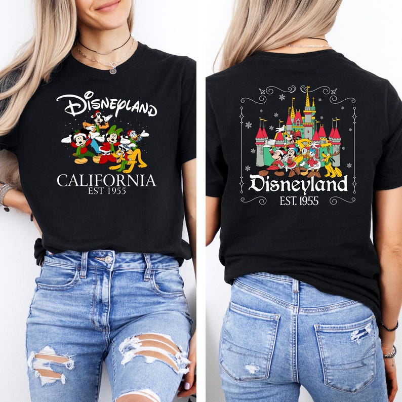 May include: Black t-shirt featuring the Disneyland logo with Mickey Mouse and friends. The front of the shirt says "Disneyland California EST 1955". The back of the shirt has a castle graphic and the Disneyland logo.