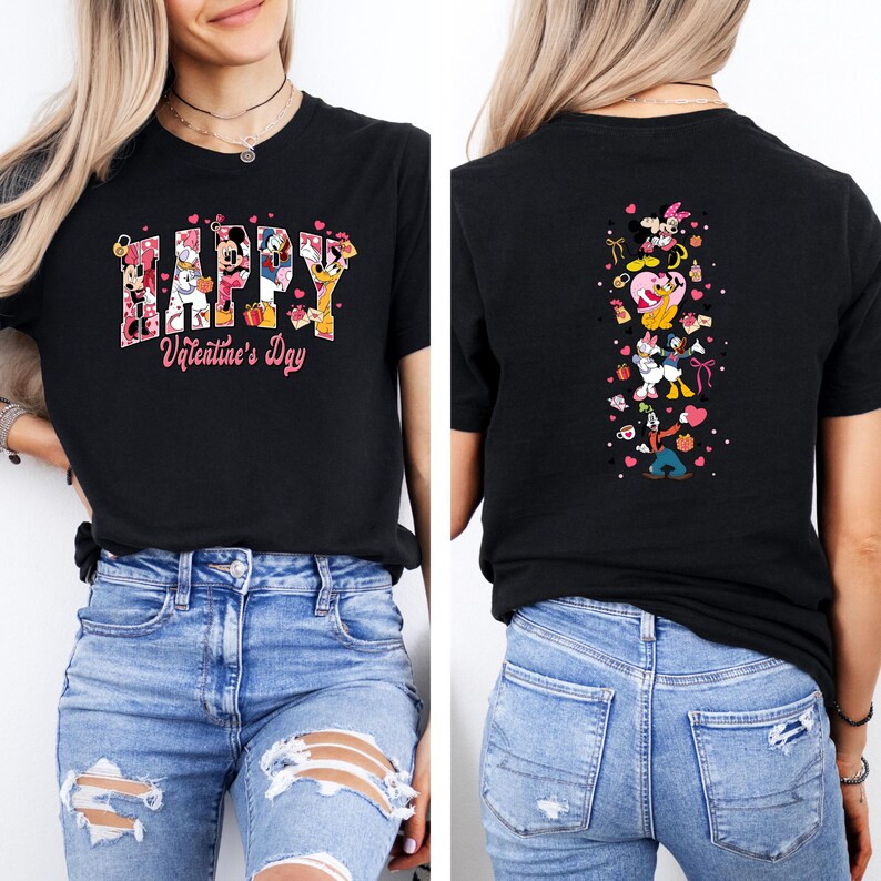 May include: Black t-shirt with a Valentine's Day design. The front features the word "HAPPY" with Disney characters and "Valentine's Day" in pink. The back has a vertical design with Disney characters, hearts, and bows.