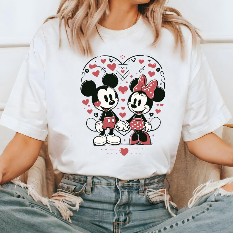 May include: White t-shirt with a graphic of Mickey Mouse and Minnie Mouse holding hands inside a heart. The heart is surrounded by smaller hearts.
