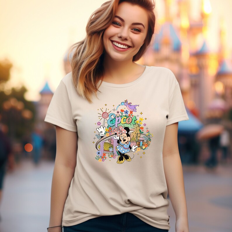 May include: A beige t-shirt with a colorful graphic of Mickey Mouse in front of the Epcot logo and a roller coaster. The graphic also includes flowers, stars, and a dragon.
