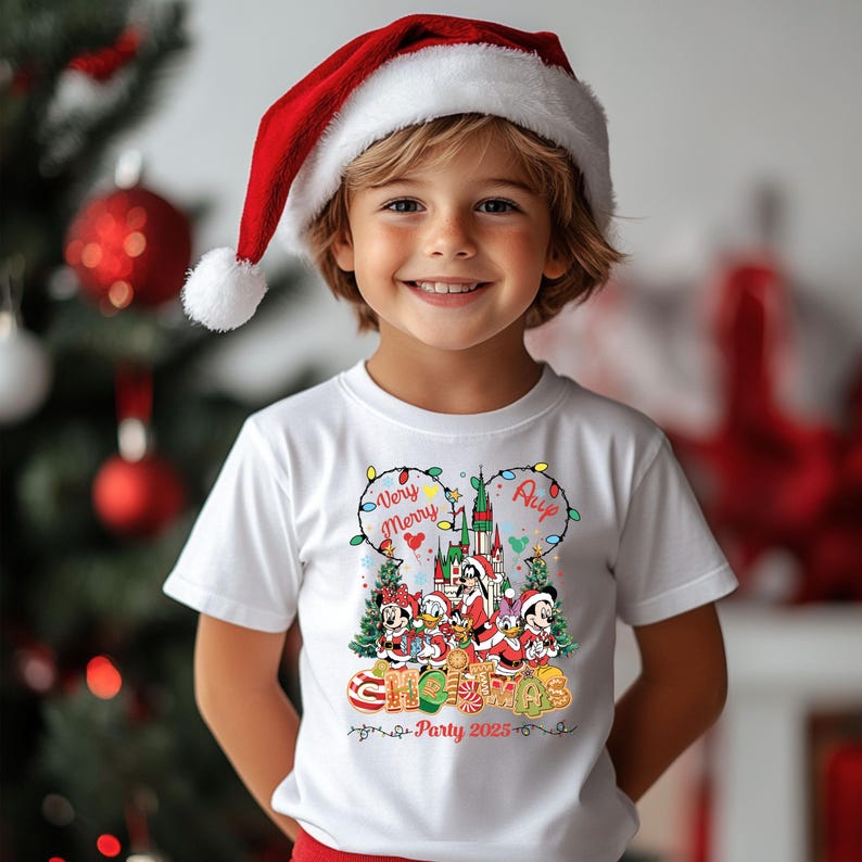 May include: A child wearing a white t-shirt with a colorful Christmas graphic featuring Disney characters and the text "Very Merry Christmas Party 2025." The child is also wearing a red and white Santa hat.