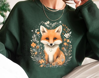 Animal Sweatshirt, Fall Shirt, Fox Lover Gift, Flowers Sweatshirt, Animals T-Shirt, Vintage Fox Shirt, Gift For Woman, Autumn Fox Shirt