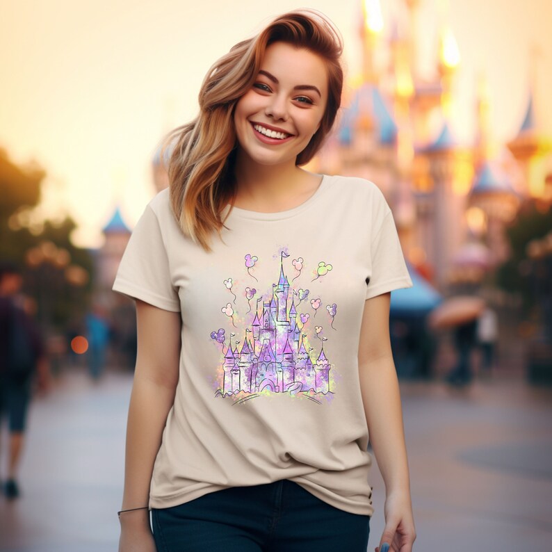 May include: A light beige t-shirt featuring a colourful illustration of a castle with balloons. The castle is outlined in black and filled with shades of purple, pink, blue, and green. The balloons are white with pink, yellow, and blue accents.