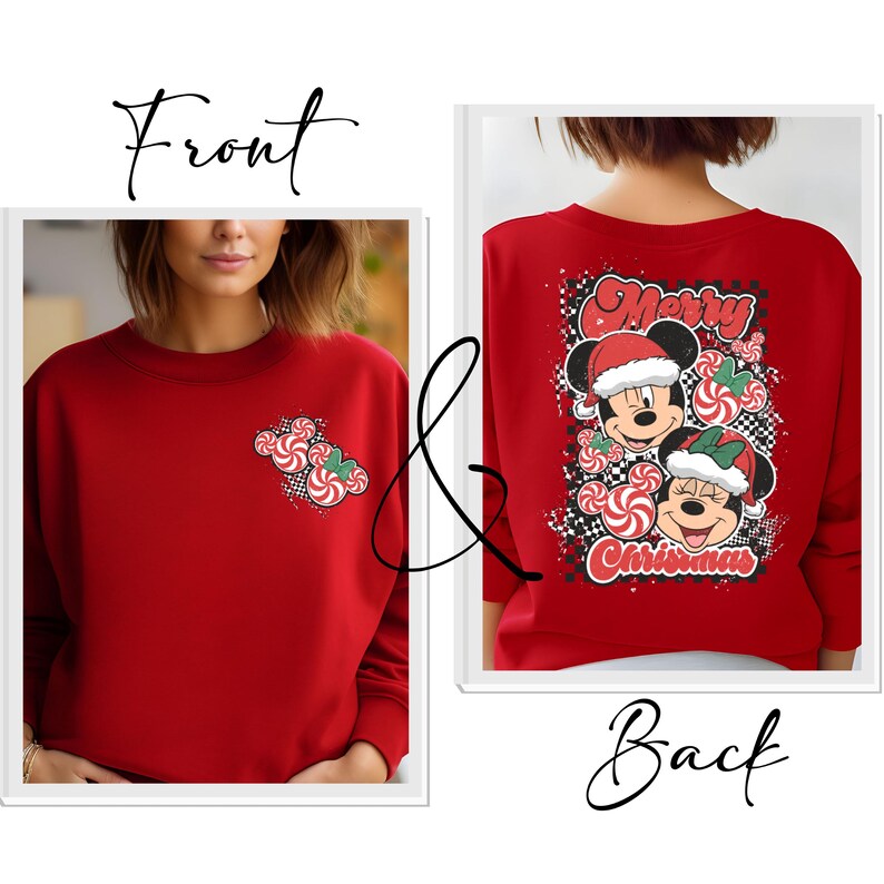 May include: Red sweatshirt with a Christmas-themed design. The front features a candy cane and Mickey Mouse head design. The back displays Mickey and Minnie Mouse wearing Santa hats, surrounded by candy canes, with the words "Merry Christmas".