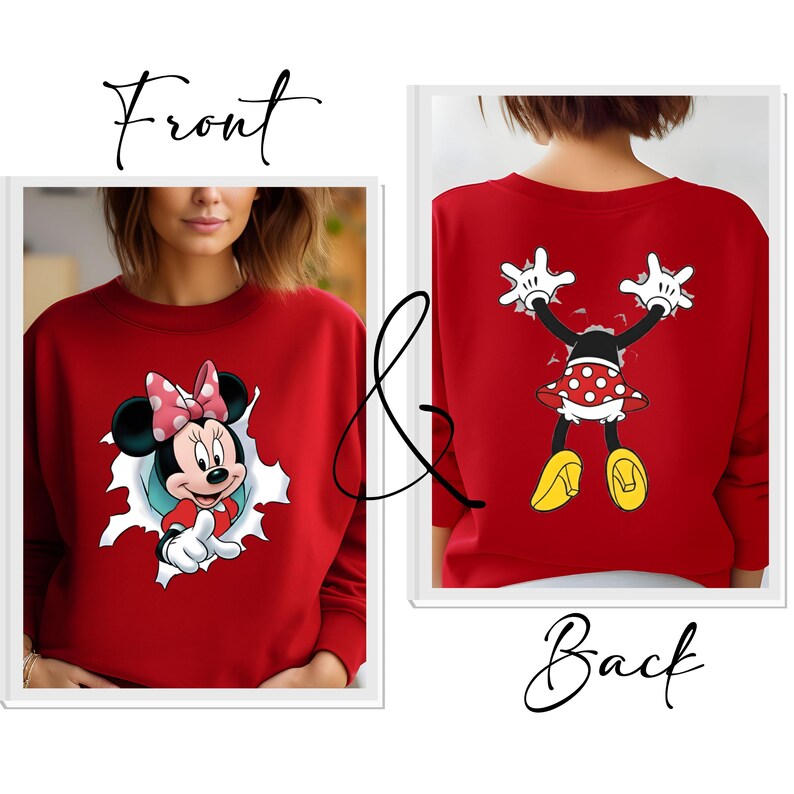 K&ouml;nnte beinhalten: Rotes Sweatshirt mit Minnie Mouse-Design auf der Vorder- und R&uuml;ckseite. Die Vorderseite zeigt Minnie, die durch einen zerrissenen Papiereffekt platzt, und die R&uuml;ckseite zeigt ihre Arme und Beine. Minnie tr&auml;gt eine rosa Schleife, ein rotes Kleid mit wei&szlig;en Punkten und gelbe Schuhe.