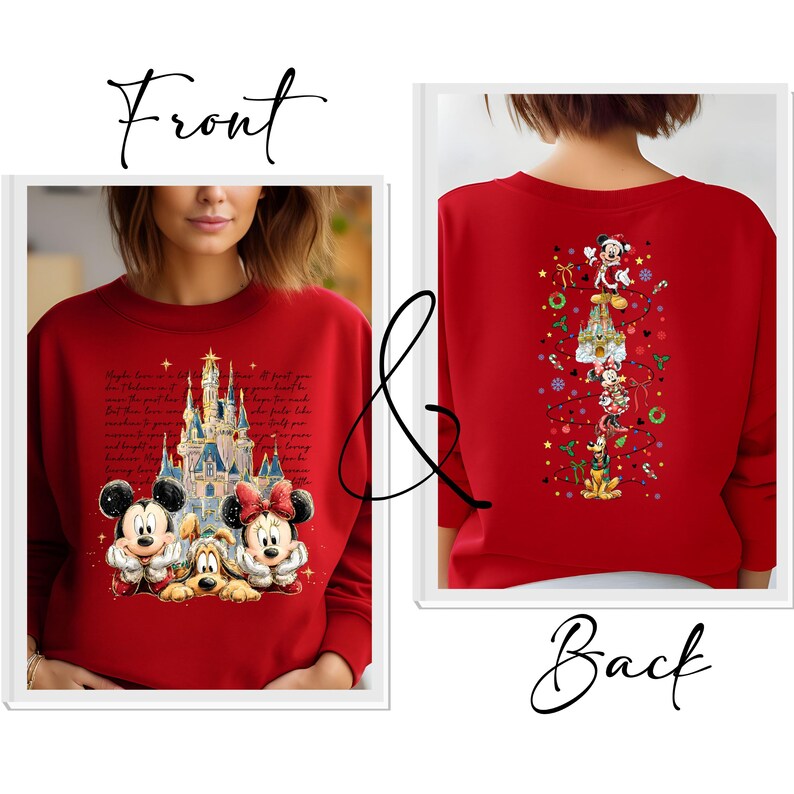 Puede incluir: Sudadera roja con Mickey Mouse, Minnie Mouse y Pluto frente a un castillo. La parte delantera de la sudadera tiene texto. La parte trasera de la sudadera tiene un dise&ntilde;o de &aacute;rbol de Navidad con personajes de Disney.