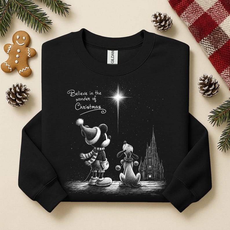 May include: Black sweatshirt featuring a graphic of Mickey Mouse and Pluto looking at a star, with a castle in the background. The text "Believe in the wonder of Christmas" is above the characters. Festive holiday apparel.