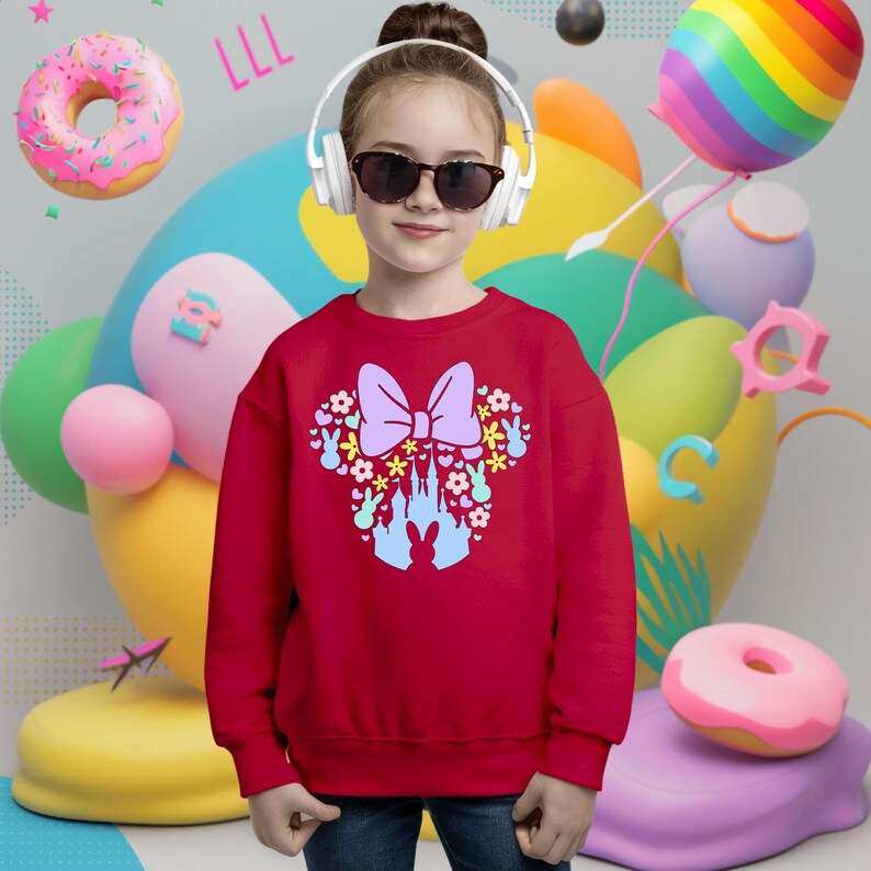 May include: A red sweatshirt featuring a Minnie Mouse-inspired design. The design includes a large purple bow, flowers, bunny silhouettes, and a castle. The sweatshirt is worn by a person wearing sunglasses and headphones. Colorful balloons and donuts are in the background.
