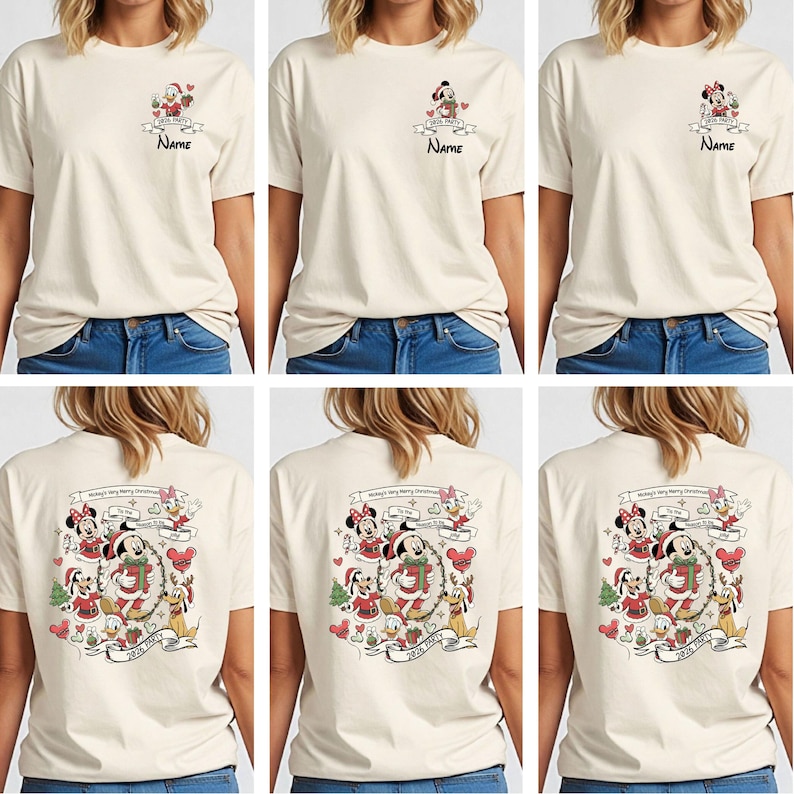 May include: Cream-colored t-shirt featuring a Mickey Mouse Christmas design. The front has a small graphic with Mickey and the text "2023 Party" and "Name". The back displays a larger festive scene with Mickey, Minnie, and friends, with the text "Mickey's Very Merry Christmas".