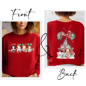 May include: Red sweatshirt featuring a front graphic of cartoon characters with balloons and candy canes. The back of the sweatshirt has a castle graphic with a bow and mouse ears. The word "Front" and "Back" are written in cursive.