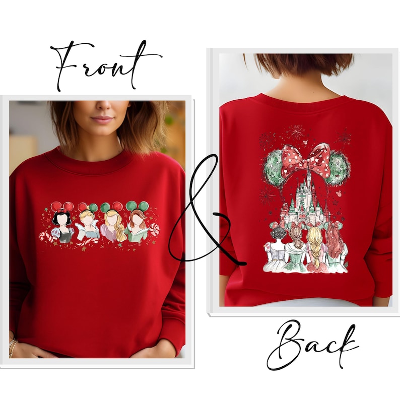 May include: Red sweatshirt featuring a front graphic of cartoon characters with balloons and candy canes. The back of the sweatshirt has a castle graphic with a bow and mouse ears. The word "Front" and "Back" are written in cursive.