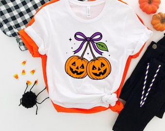 Cherries Pumpkin T-Shirt, Coquette Bow Pumpkin Shirt, Cute Pumpkin Shirt, Halloween Pumpkin Shirt, Fall Pumpkin Shirt, Autumn Girly Shirt