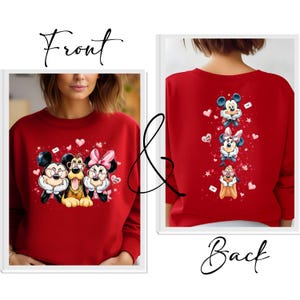 May include: Red sweatshirt featuring Mickey Mouse, Pluto, and Minnie Mouse with hearts and the text "I Love You". The back of the sweatshirt shows the same characters. A perfect gift for Disney fans.