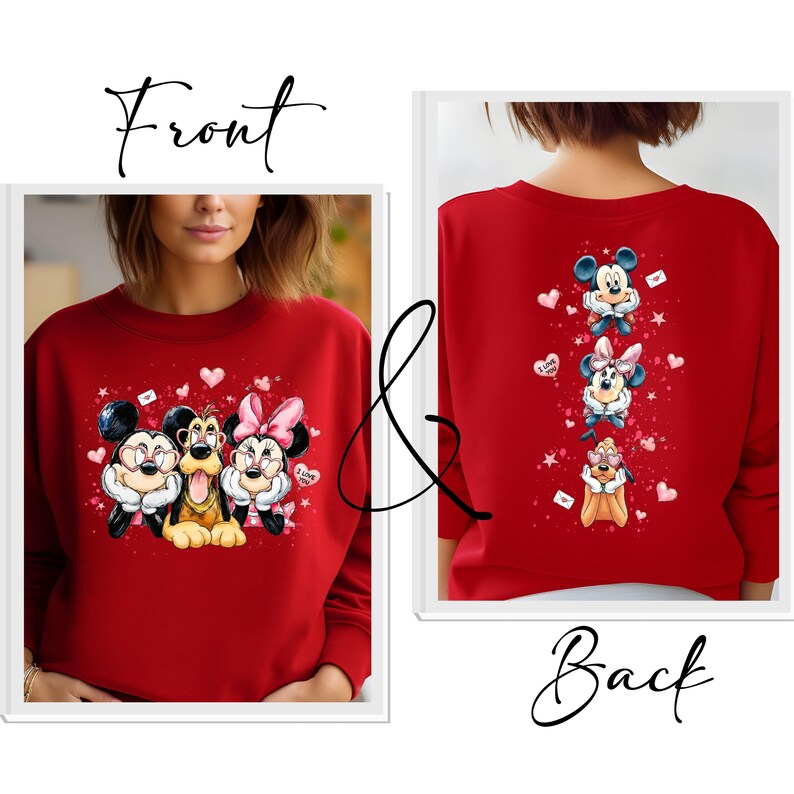 May include: Red sweatshirt featuring Mickey Mouse, Pluto, and Minnie Mouse with hearts and the text "I Love You". The back of the sweatshirt shows the same characters. A perfect gift for Disney fans.