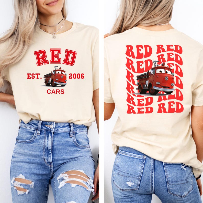 May include: A cream colored t-shirt with a red graphic of a fire truck and the text "RED EST. 2006 CARS" on the front. The back of the shirt has the word "RED" repeated in a retro style.