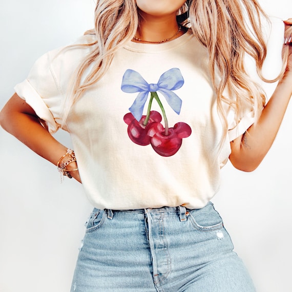 Blue Bow Cherry T-Shirt, Coquette Bow Cherry Shirt, Cherry T-Shirt, Valentines Day Cherry Shirt, Valentines Day Gifts, Gift For Woman