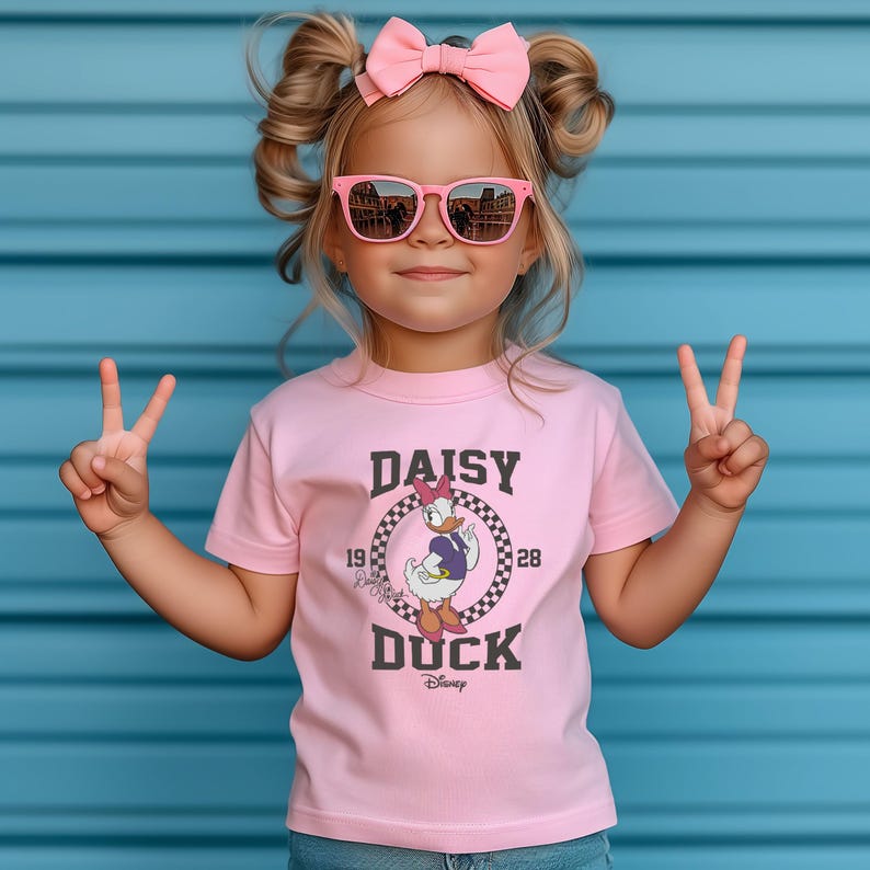 May include: A pink t-shirt with a graphic of Daisy Duck wearing a purple shirt and a pink bow. The graphic is surrounded by a black and white checkered circle with the text "Daisy Duck" and "Disney" below the graphic.