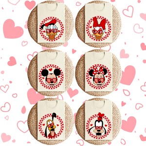 May include: Six white t-shirts with red and white checkered circles featuring different Disney characters wearing heart-shaped sunglasses. The characters include Mickey Mouse, Minnie Mouse, Donald Duck, Daisy Duck, Goofy, and Pluto.