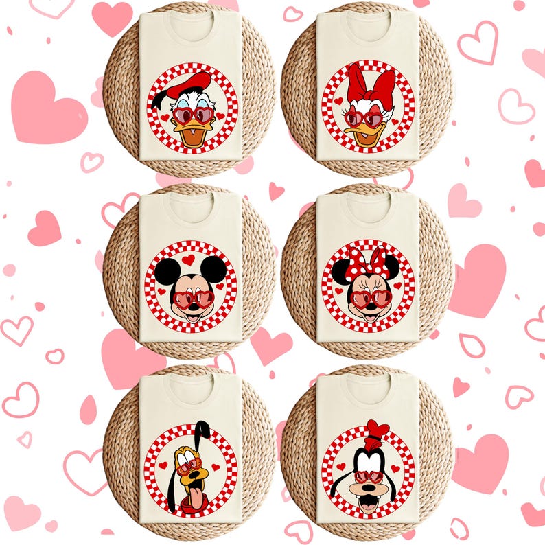 May include: Six white t-shirts with red and white checkered circles featuring different Disney characters wearing heart-shaped sunglasses. The characters include Mickey Mouse, Minnie Mouse, Donald Duck, Daisy Duck, Goofy, and Pluto.