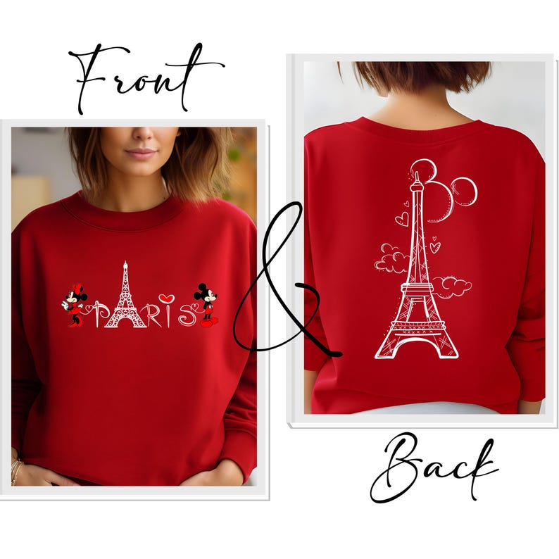 K&ouml;nnte beinhalten: Rotes Sweatshirt mit wei&szlig;em Eiffelturm-Design, dem Wort "PARIS" und Mickey und Minnie Mouse. Die R&uuml;ckseite zeigt ein passendes Eiffelturm-Design mit Mickey Mouse Ohren. Die W&ouml;rter "Front" und "Back" sind in Schrift geschrieben.