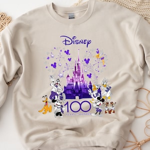 May include: A beige sweatshirt with a purple and white graphic of Mickey Mouse and other Disney characters in front of Cinderella's Castle. The text "Disney 100 Years of Wonder" is printed below the graphic.