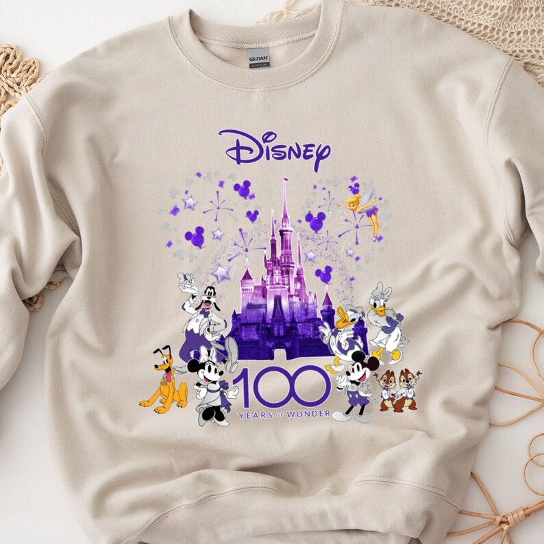 May include: A beige sweatshirt with a purple and white graphic of Mickey Mouse and other Disney characters in front of Cinderella's Castle. The text "Disney 100 Years of Wonder" is printed below the graphic.