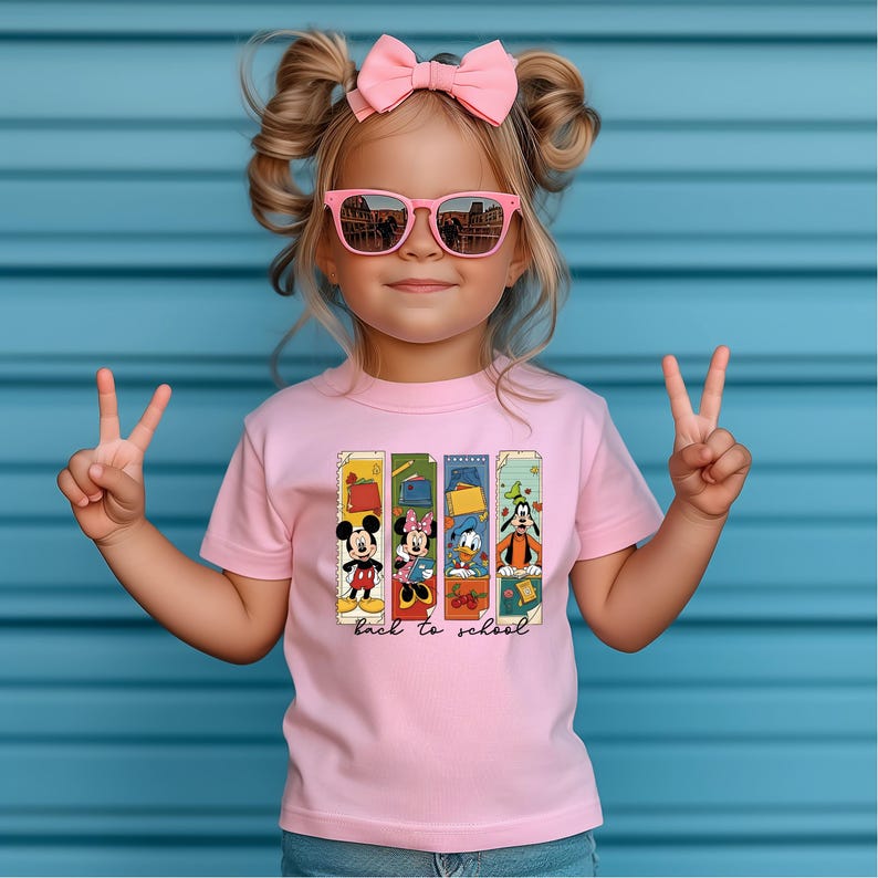 May include: A pink t-shirt featuring Mickey Mouse, Minnie Mouse, Donald Duck, and Goofy, with the words "back to school." The shirt is worn by a child wearing pink sunglasses and a pink bow.