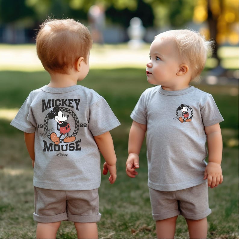 May include: Two toddlers wearing grey t-shirts with Mickey Mouse graphics. One shirt has a vintage Mickey Mouse graphic on the back with the text "Mickey Mouse" and "Disney". The other shirt has a smaller Mickey Mouse graphic on the front.