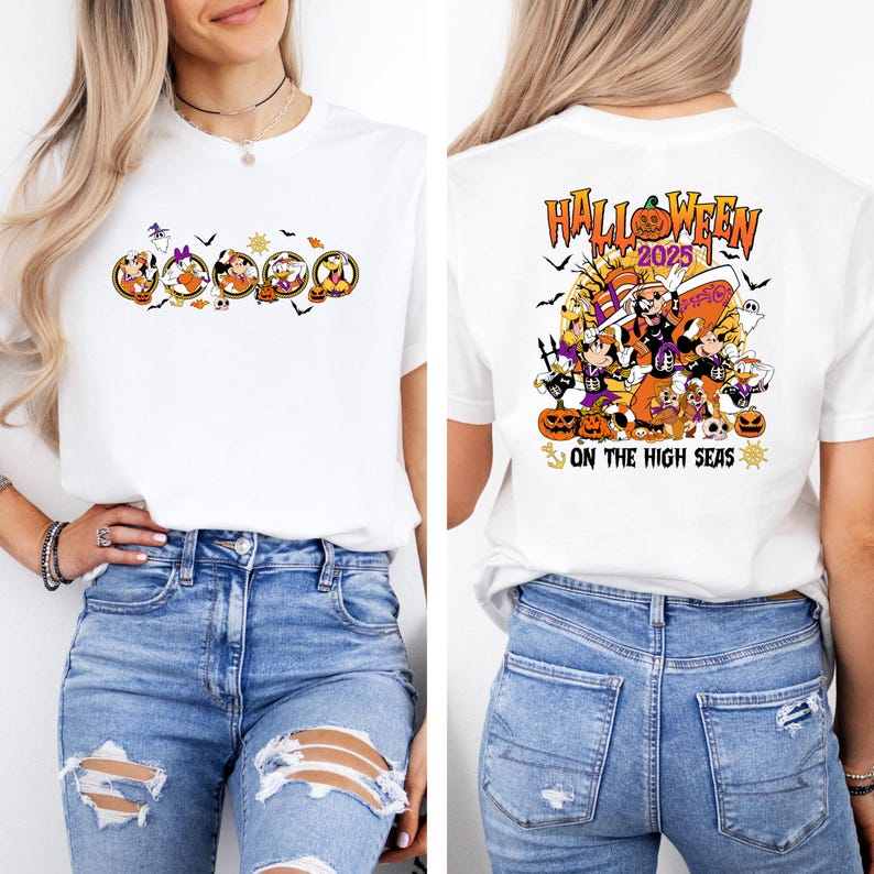 May include: White t-shirt featuring a Halloween-themed graphic. The front of the shirt displays cartoon characters in Halloween costumes. The back of the shirt has a larger design with the text "Halloween 2025" and "On the High Seas."