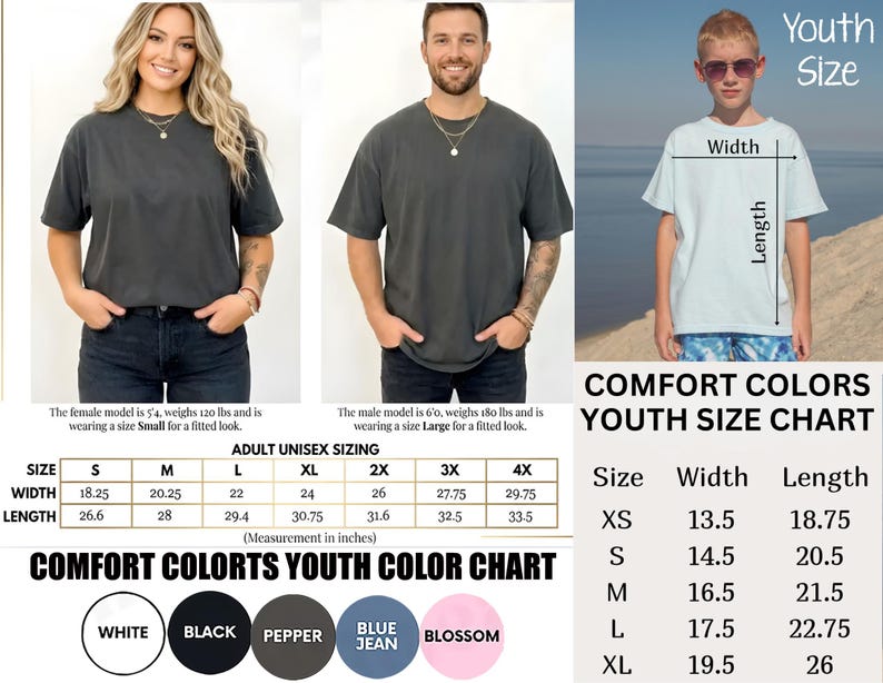 Puede incluir: La imagen muestra una camiseta Comfort Colors, con una tabla de tallas para adultos unisex y j&oacute;venes. Las tallas de adulto van de S a 4XL, con medidas en pulgadas. Las tallas de j&oacute;venes son XS a XL. Los colores disponibles son blanco, negro, pimienta, azul vaquero y flor.