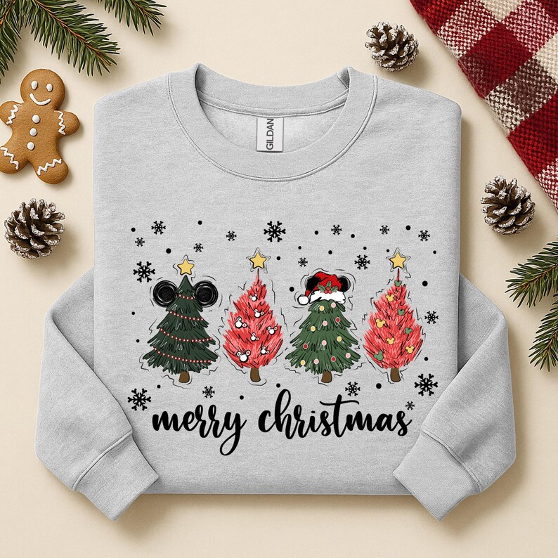 May include: A light gray sweatshirt with a festive Christmas design. The design features four stylized Christmas trees in green and red, adorned with ornaments and topped with stars. The words "merry christmas" are written in a script font below the trees.