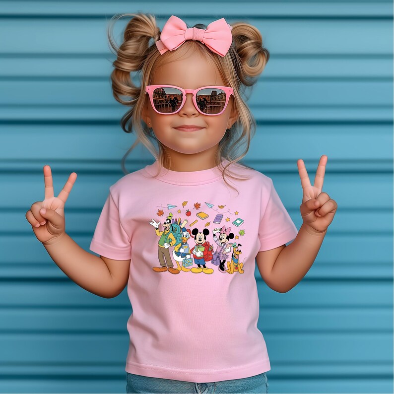 May include: A pink t-shirt featuring a graphic of Disney characters, including Mickey and Minnie Mouse, Donald Duck, and Goofy. The shirt has a crew neck and short sleeves. The background is a blue wall.