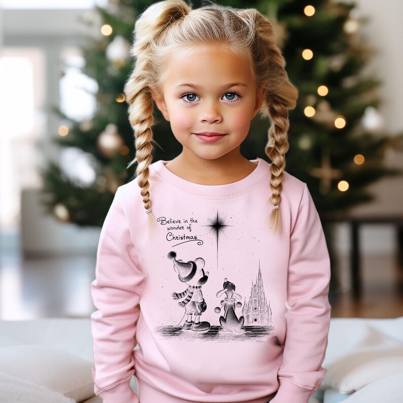 May include: A light pink sweatshirt featuring a graphic of a cartoon character and a dog, with a castle in the background. The text "Believe in the wonder of Christmas" is printed above the graphic. The sweatshirt is worn by a young girl with blonde braids.