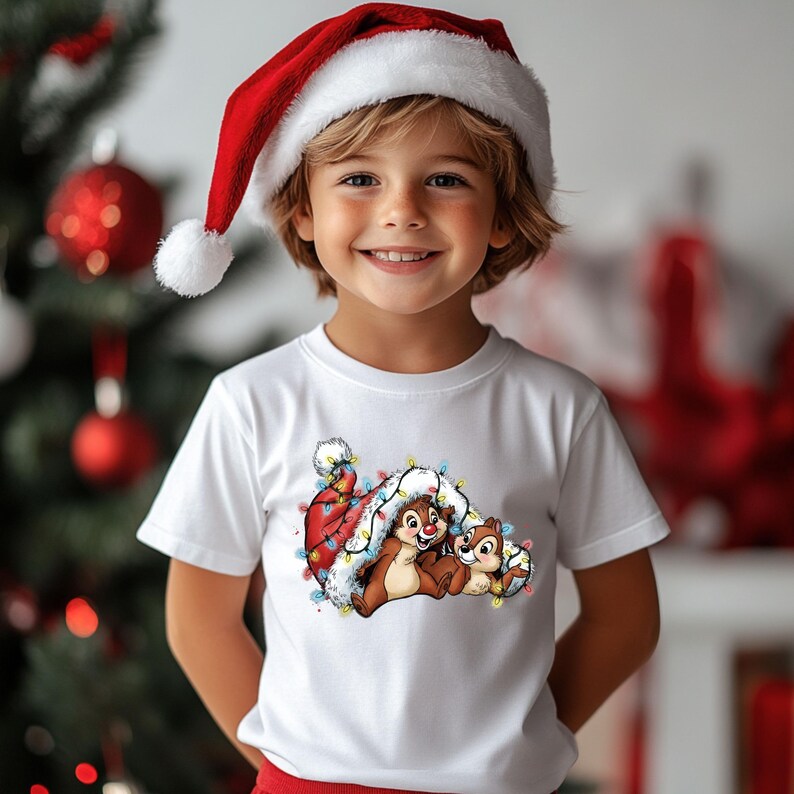 May include: A child wearing a white t-shirt with a Christmas graphic of Chip and Dale in a Santa hat, surrounded by Christmas lights. The child is also wearing a red and white Santa hat. A Christmas tree is in the background.