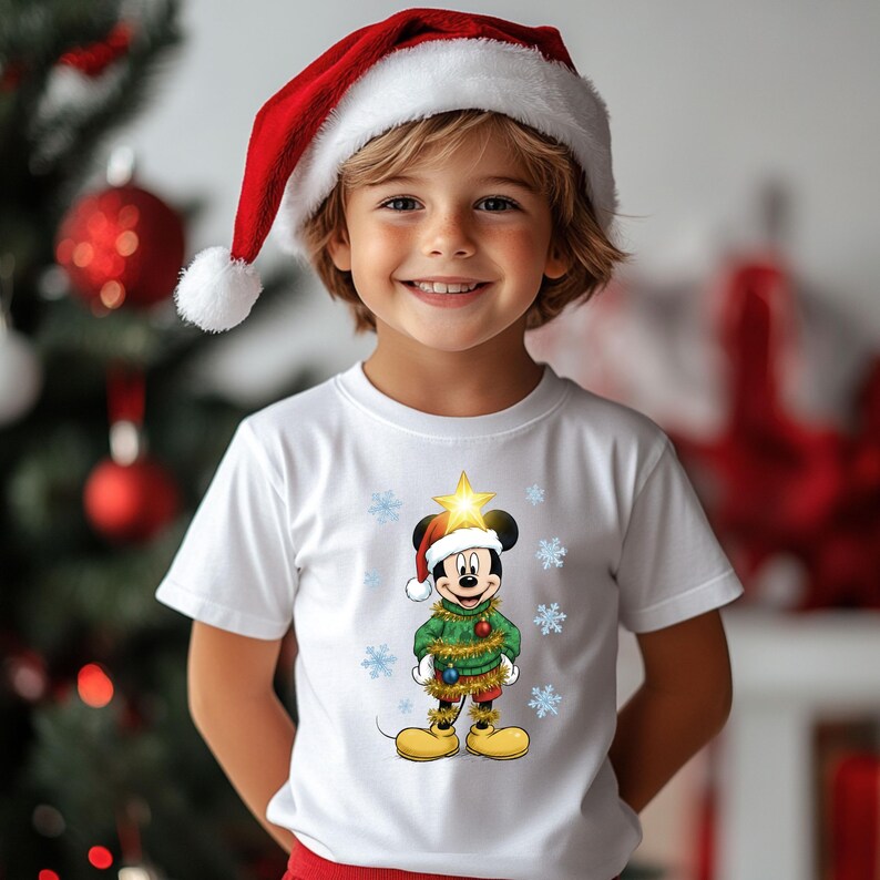 Pode incluir: Uma crian&ccedil;a vestindo uma camiseta branca com Mickey Mouse em uma roupa de Natal, um gorro de Papai Noel e flocos de neve. O personagem de desenho animado est&aacute; vestido com um su&eacute;ter verde e sapatos amarelos. A crian&ccedil;a tamb&eacute;m est&aacute; usando um gorro de Papai Noel vermelho e branco.