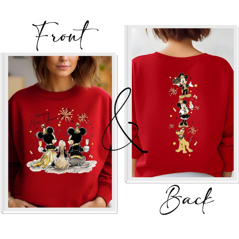 Puede incluir: Sudadera roja con un dise&ntilde;o frontal de Mickey y Minnie Mouse brindando con champ&aacute;n, con el texto "Happy New Year". La parte trasera presenta un dise&ntilde;o vertical de Mickey, Minnie y Pluto. Dise&ntilde;o festivo.