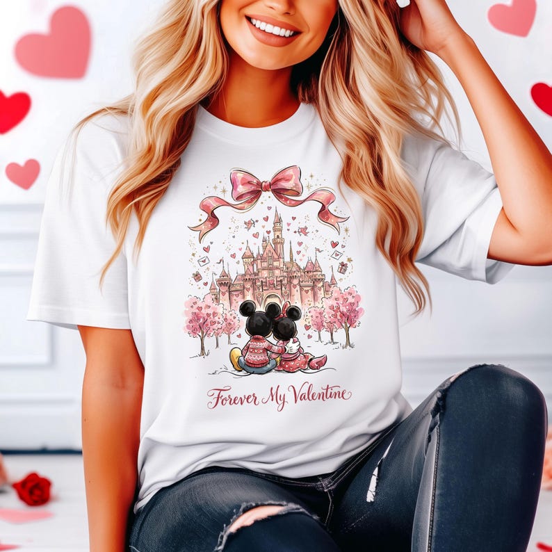 May include: White t-shirt featuring a romantic illustration of Mickey and Minnie Mouse embracing in front of a pink castle. The design includes a pink bow, trees, and the text "Forever My Valentine."