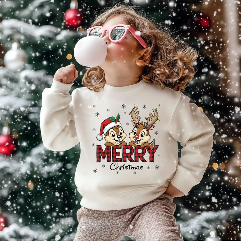 May include: A cream-coloured sweatshirt with a Christmas design featuring two cartoon chipmunks wearing a Santa hat and reindeer antlers. The word "MERRY" is in a red plaid pattern, with "Christmas" below. The child is wearing pink glasses and blowing a bubble.