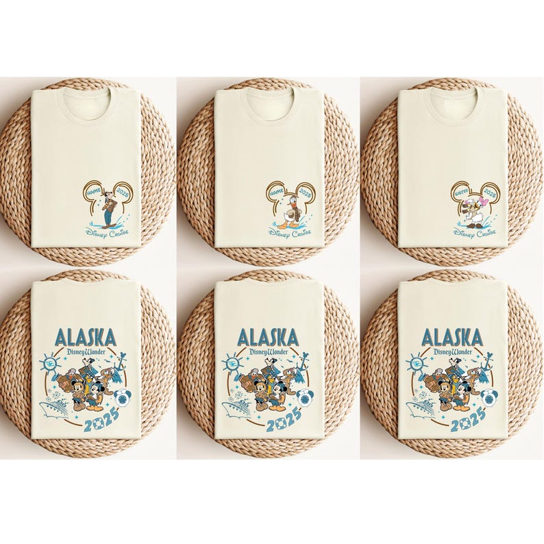 May include: Six cream-colored t-shirts with Disney Cruise graphics. The top row features Mickey Mouse ears with the text "Disney Cruise" and "2023". The bottom row displays "ALASKA" with Disney characters and the year "2025".