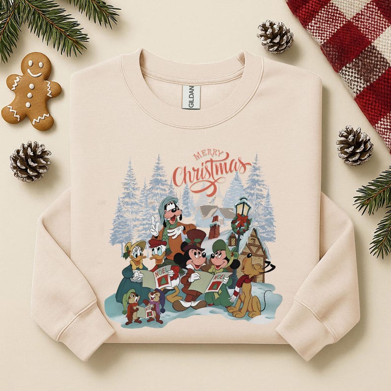 May include: Cream-colored sweatshirt featuring a graphic of Disney characters singing Christmas carols in a snowy scene. The phrase "Merry Christmas" is written above the characters. The sweatshirt has long sleeves and a crew neck.