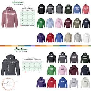 Op de afbeelding: Maattabel voor Gildan 18500 en 18500B hooded sweatshirts. De tabel toont de borst- en lengtemaat in inches voor verschillende maten. De tabel toont ook de kleur opties voor de sweatshirts, waaronder zwart, antraciet, donker grijs, bosgroen, donkerblauw, scharlakenrood, Iers groen, lichtblauw, lichtroze, bordeaux, legergroen, marineblauw, paars, rood, koninklijkblauw, zand, sport grijs en wit.