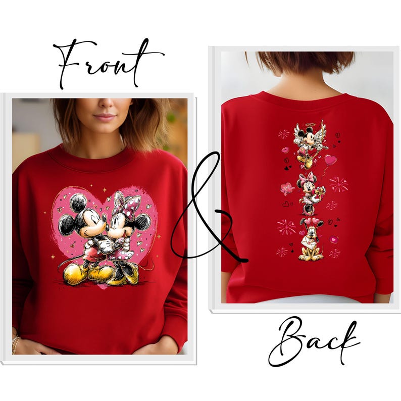 May include: Red sweatshirt featuring Mickey and Minnie Mouse embracing within a pink heart on the front. The back of the sweatshirt displays a vertical arrangement of Disney characters, including Mickey and Minnie, with hearts and decorative elements.