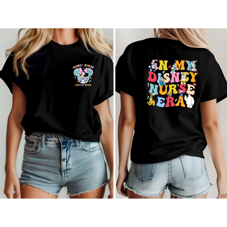 May include: Black t-shirt with the text "Disney Nurse" and a graphic of Disney characters. The front of the shirt has the text "Disney Nurse" and "Custom Name". The back of the shirt has the text "In My Disney Nurse Era".