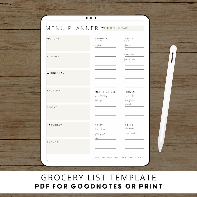 Digital Grocery List Template Weekly Meal Planner Goodnotes Etsy