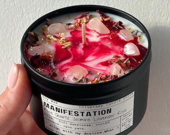 MANIFESTATION – Rose Quartz Soy Candle | Handmade Law of Attraction Candle for Manifesting Wishes, Love, Abundance & Spiritual Gifts